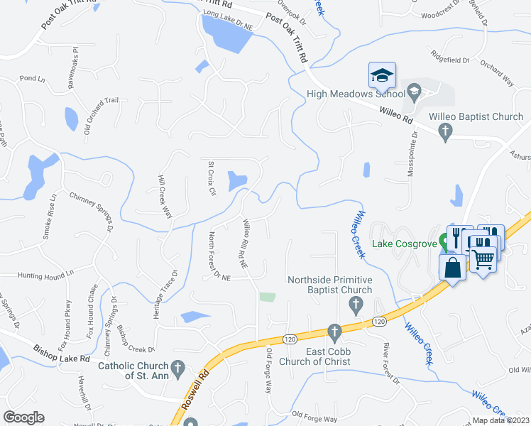 map of restaurants, bars, coffee shops, grocery stores, and more near 5035 Wood Haven Court in Marietta