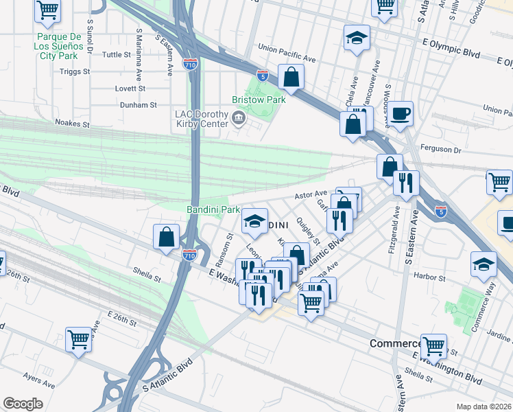 map of restaurants, bars, coffee shops, grocery stores, and more near 4857 Astor Avenue in Commerce