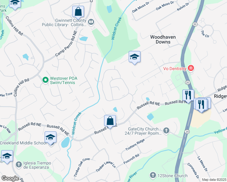 map of restaurants, bars, coffee shops, grocery stores, and more near 1755 Waters Ferry Drive in Lawrenceville