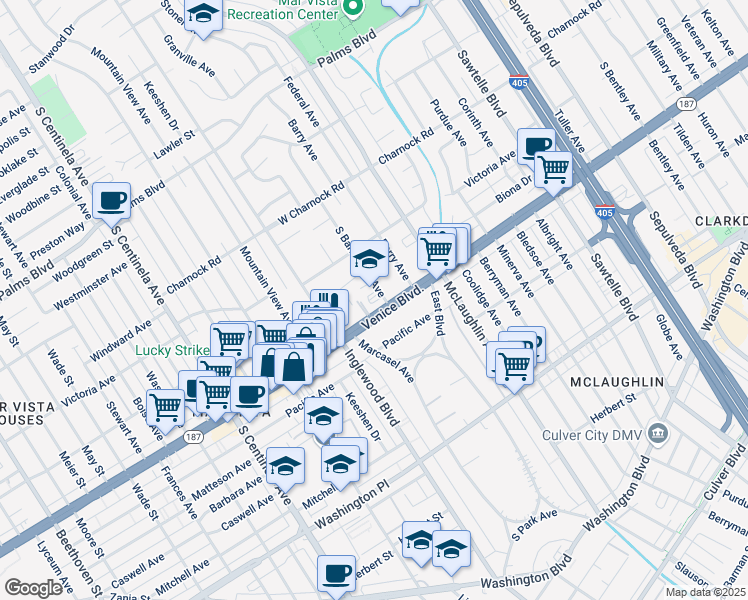 map of restaurants, bars, coffee shops, grocery stores, and more near 3743 South Barrington Avenue in Los Angeles