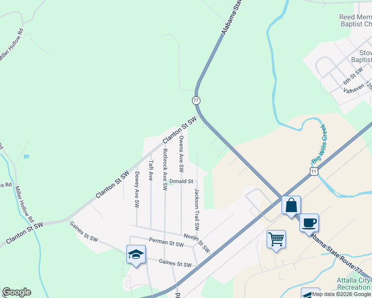 map of restaurants, bars, coffee shops, grocery stores, and more near 717 Owens Ave SW in Attalla