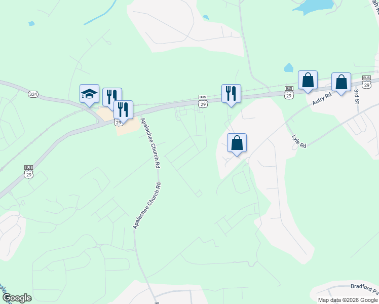 map of restaurants, bars, coffee shops, grocery stores, and more near 40 Appalachee Church Road in Auburn