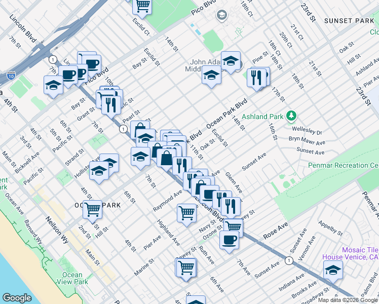 map of restaurants, bars, coffee shops, grocery stores, and more near 2621 11th Street in Santa Monica