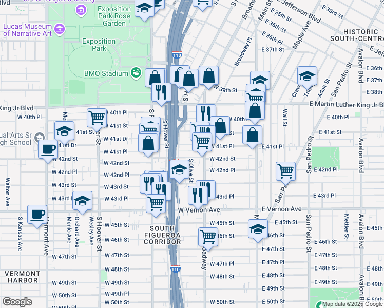 map of restaurants, bars, coffee shops, grocery stores, and more near 341 West 42nd Street in Los Angeles
