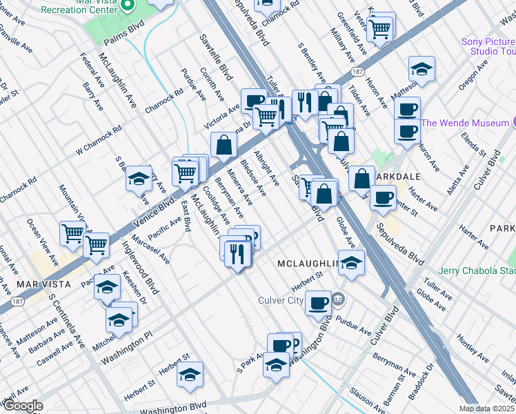 map of restaurants, bars, coffee shops, grocery stores, and more near 3926 Minerva Avenue in Los Angeles