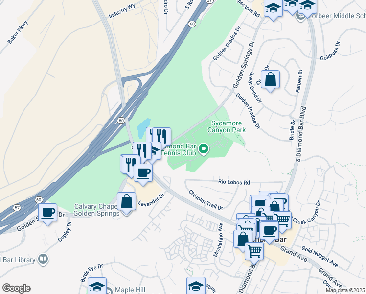map of restaurants, bars, coffee shops, grocery stores, and more near 22733 Lakeway Drive in Diamond Bar