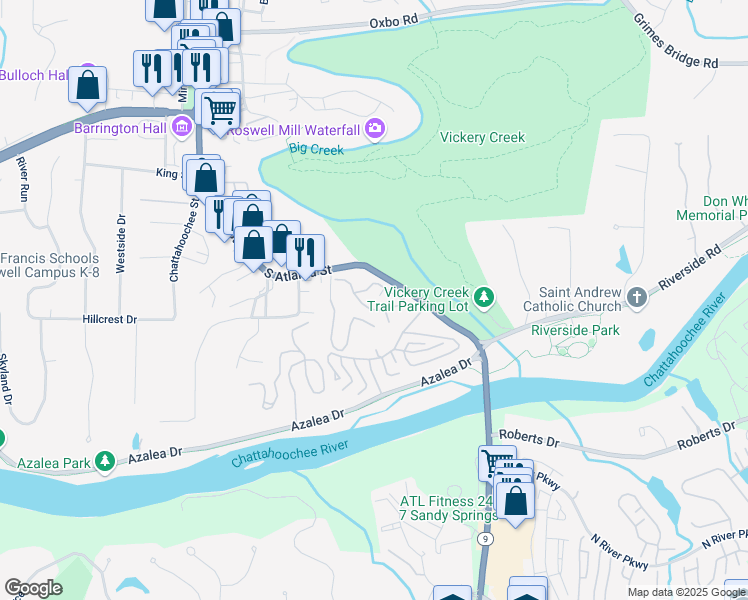 map of restaurants, bars, coffee shops, grocery stores, and more near 905 River Mill Circle in Roswell