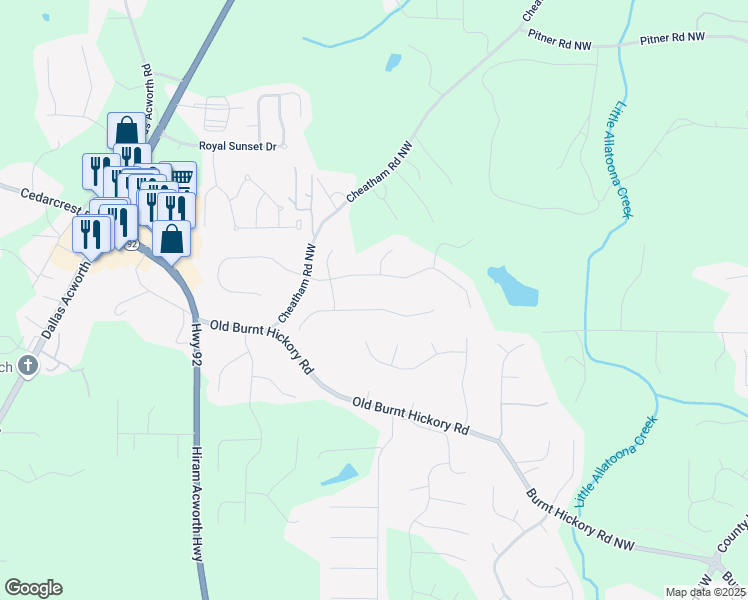 map of restaurants, bars, coffee shops, grocery stores, and more near 160 Heights Lane in Acworth