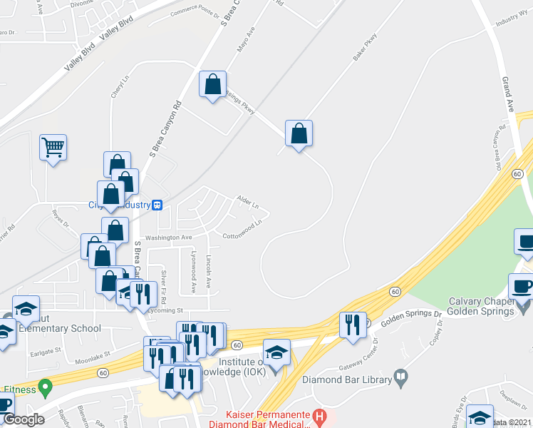 map of restaurants, bars, coffee shops, grocery stores, and more near 21345 Cottonwood Lane in Walnut