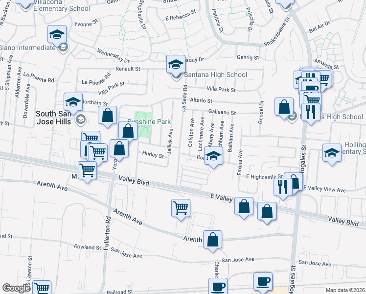 map of restaurants, bars, coffee shops, grocery stores, and more near 536 Colston Avenue in La Puente