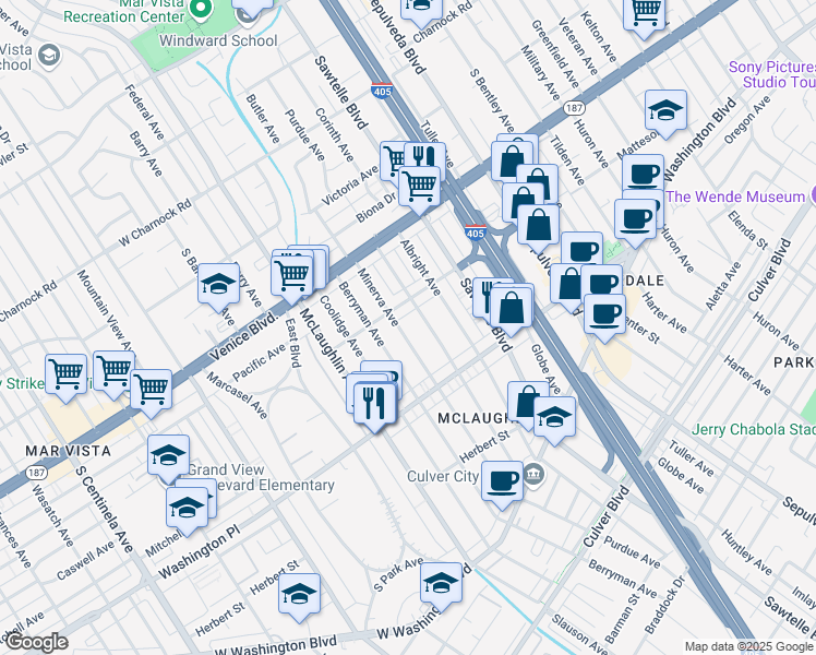 map of restaurants, bars, coffee shops, grocery stores, and more near 3926 Minerva Avenue in Los Angeles