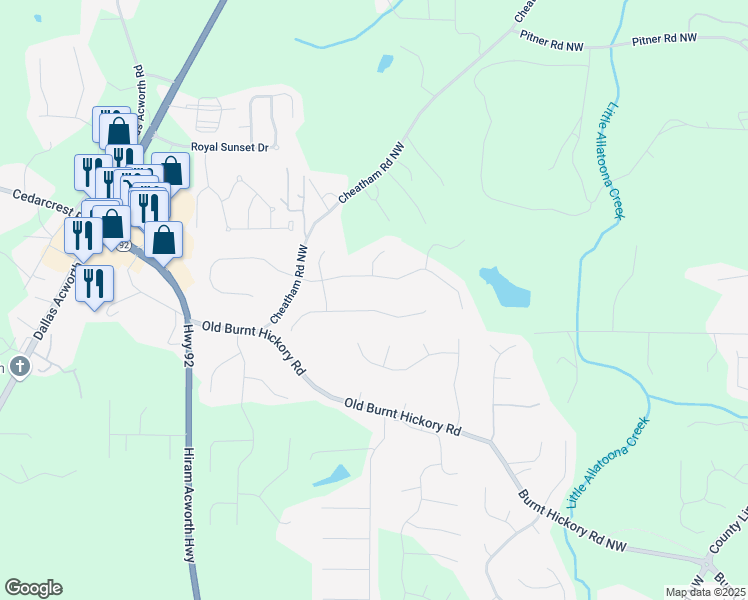 map of restaurants, bars, coffee shops, grocery stores, and more near 160 Heights Lane in Acworth
