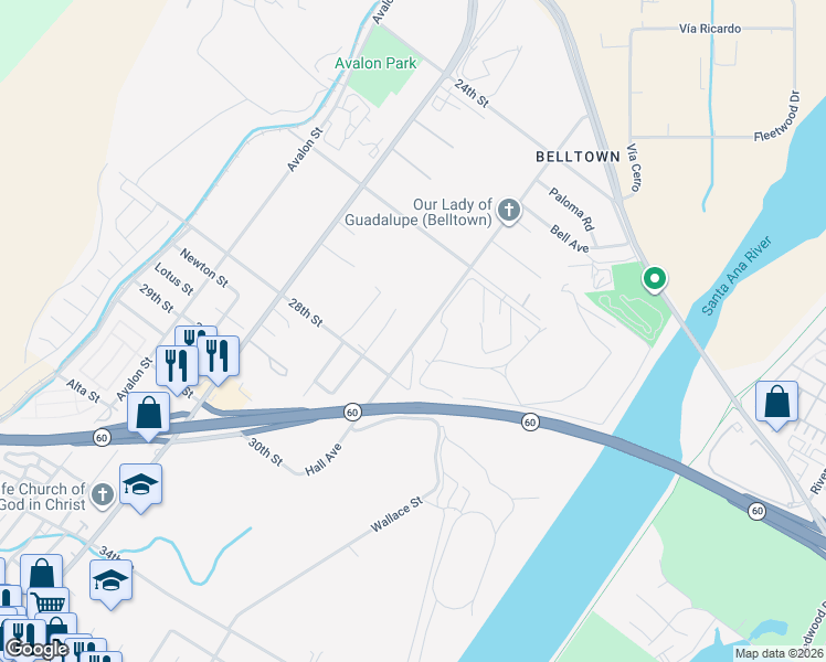 map of restaurants, bars, coffee shops, grocery stores, and more near 2725 Hall Avenue in Jurupa Valley