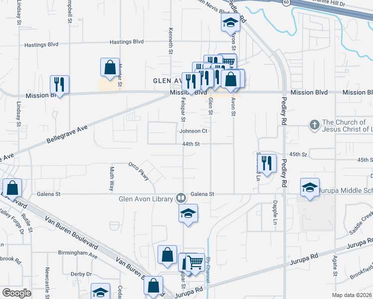 map of restaurants, bars, coffee shops, grocery stores, and more near 9216 44th Street in Riverside