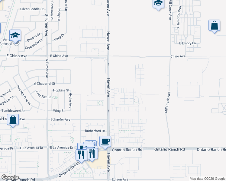 map of restaurants, bars, coffee shops, grocery stores, and more near 13661-14099 Haven Avenue in Ontario