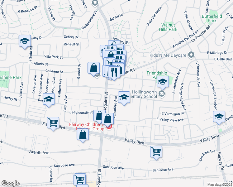 map of restaurants, bars, coffee shops, grocery stores, and more near 19058 East Northam Street in West Covina