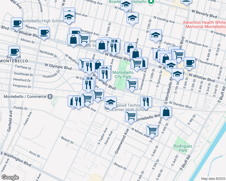 map of restaurants, bars, coffee shops, grocery stores, and more near 1309 West Olympic Boulevard in Montebello