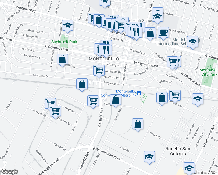 map of restaurants, bars, coffee shops, grocery stores, and more near 6652 Ferguson Drive in Commerce
