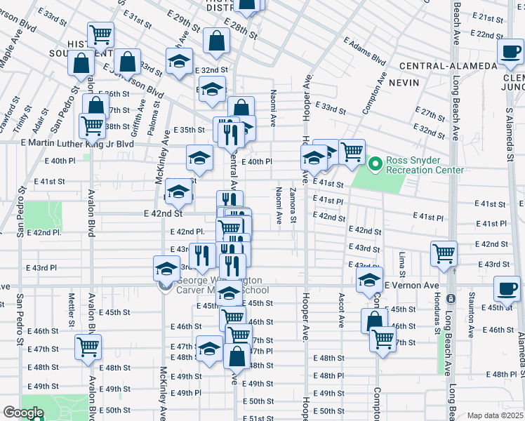 map of restaurants, bars, coffee shops, grocery stores, and more near 1136 East 41st Place in Los Angeles
