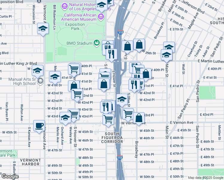 map of restaurants, bars, coffee shops, grocery stores, and more near 4160 South Figueroa Street in Los Angeles