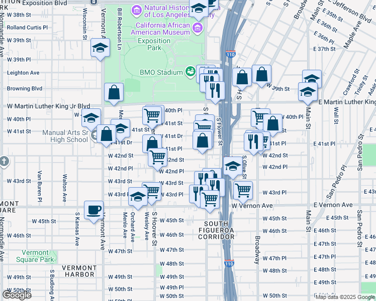 map of restaurants, bars, coffee shops, grocery stores, and more near 535 West 41st Place in Los Angeles