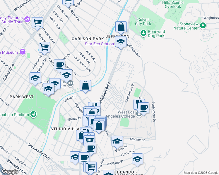 map of restaurants, bars, coffee shops, grocery stores, and more near 7212 Raintree Circle in Culver City