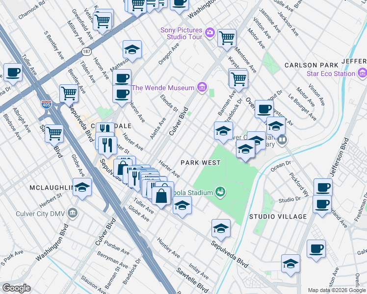 map of restaurants, bars, coffee shops, grocery stores, and more near 10952 Wagner Street in Culver City