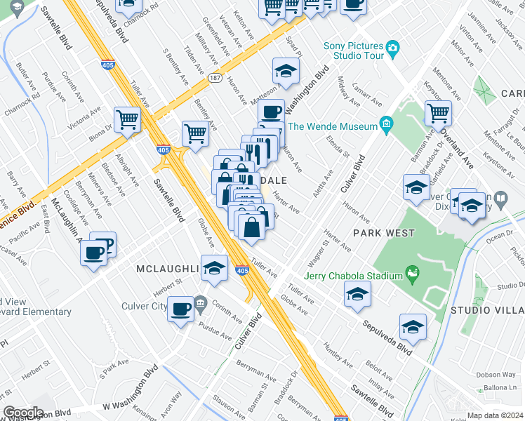 map of restaurants, bars, coffee shops, grocery stores, and more near 4122 Center Street in Culver City