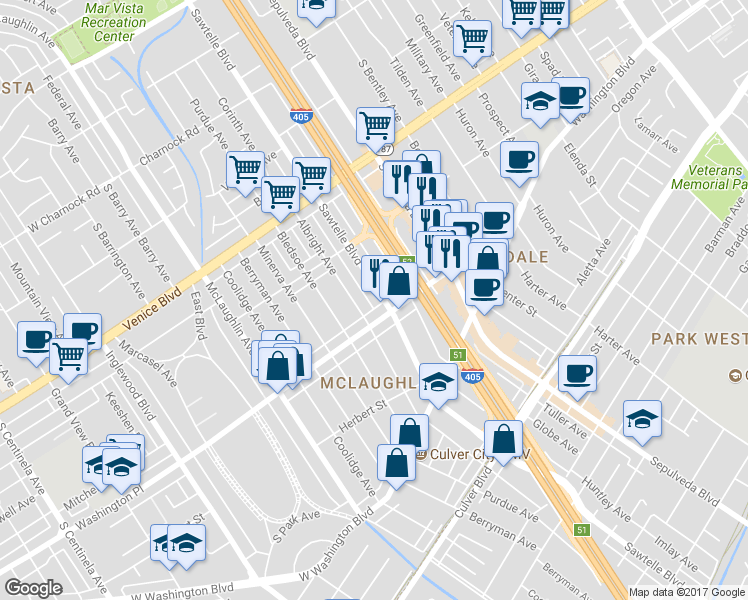 map of restaurants, bars, coffee shops, grocery stores, and more near 3961 Sawtelle Boulevard in Los Angeles