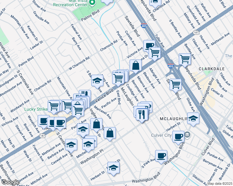 map of restaurants, bars, coffee shops, grocery stores, and more near 11806 Venice Boulevard in Los Angeles