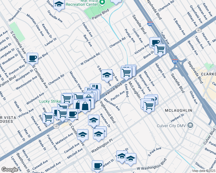 map of restaurants, bars, coffee shops, grocery stores, and more near 3743 South Barrington Avenue in Los Angeles