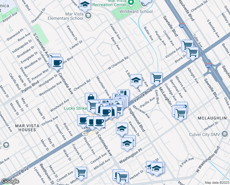 map of restaurants, bars, coffee shops, grocery stores, and more near 3701 Inglewood Boulevard in Los Angeles