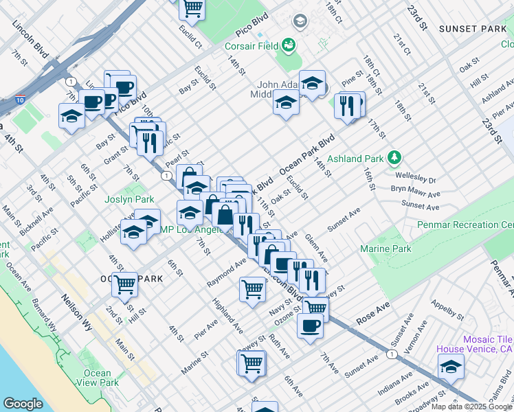map of restaurants, bars, coffee shops, grocery stores, and more near 2621 11th Street in Santa Monica