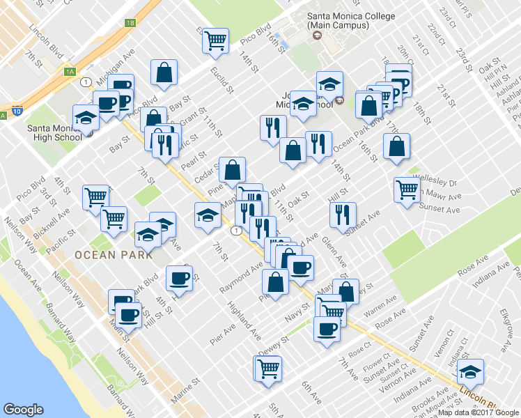 map of restaurants, bars, coffee shops, grocery stores, and more near 1034 Ocean Park Boulevard in Santa Monica