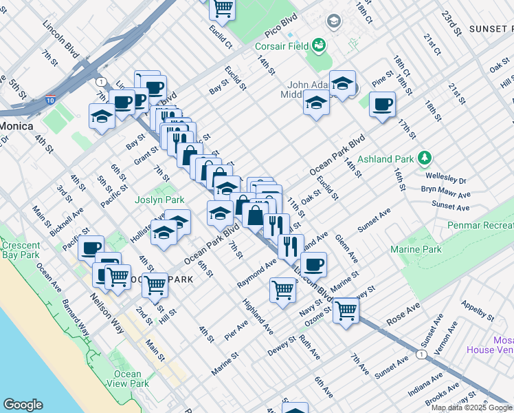 map of restaurants, bars, coffee shops, grocery stores, and more near 834 Maple Street in Santa Monica