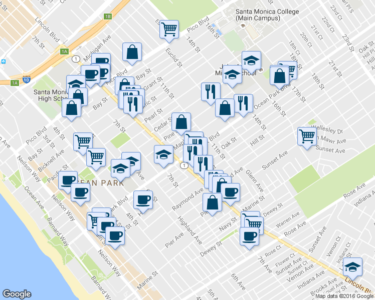 map of restaurants, bars, coffee shops, grocery stores, and more near 834 Maple Street in Santa Monica