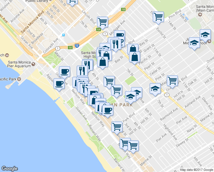 map of restaurants, bars, coffee shops, grocery stores, and more near 409 Pacific Street in Santa Monica