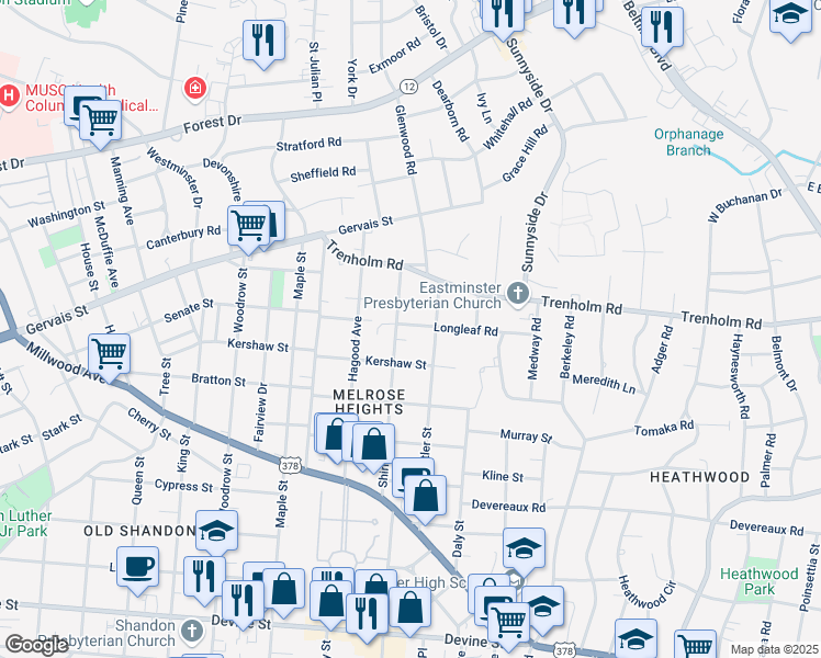 map of restaurants, bars, coffee shops, grocery stores, and more near 1500 Shirley Street in Columbia