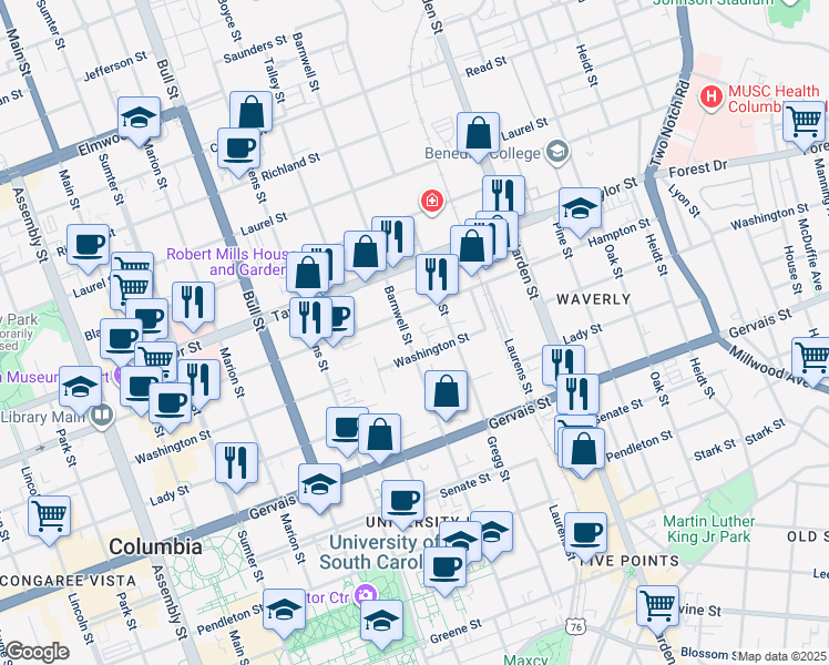 map of restaurants, bars, coffee shops, grocery stores, and more near 1444 Barnwell Street in Columbia