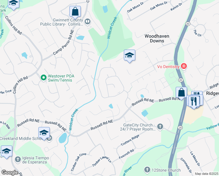 map of restaurants, bars, coffee shops, grocery stores, and more near 1755 Waters Ferry Drive in Lawrenceville
