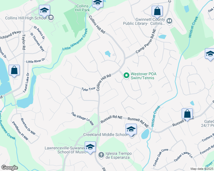 map of restaurants, bars, coffee shops, grocery stores, and more near 1900 Foster Trace Court in Lawrenceville