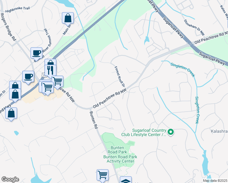 map of restaurants, bars, coffee shops, grocery stores, and more near 2447 Old Peachtree Road Northwest in Duluth
