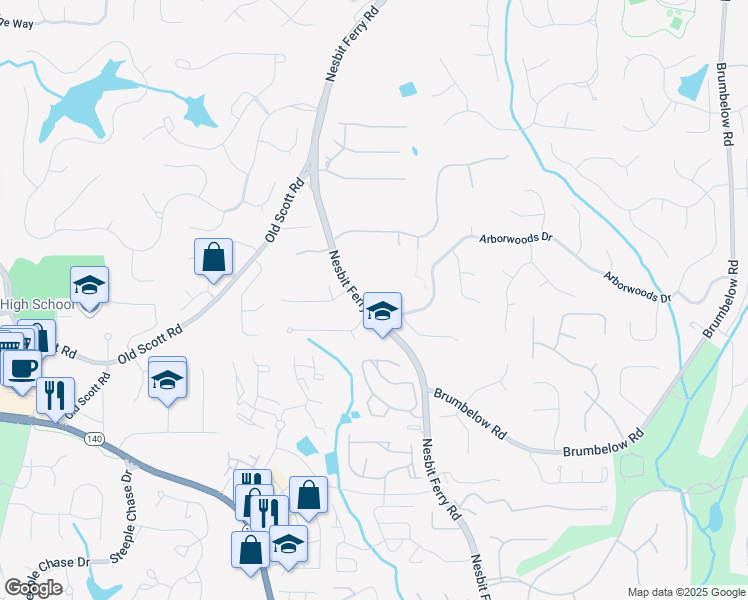 map of restaurants, bars, coffee shops, grocery stores, and more near 9425 Nesbit Ferry Road in Alpharetta