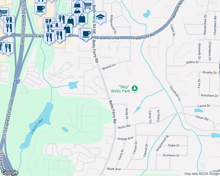 map of restaurants, bars, coffee shops, grocery stores, and more near 2348 Bells Ferry Road in Marietta