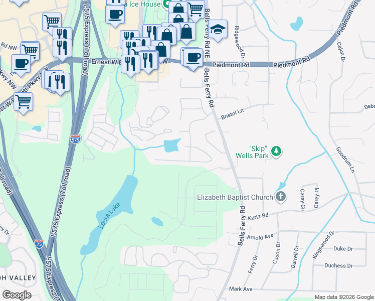 map of restaurants, bars, coffee shops, grocery stores, and more near 203 Creekway Court in Marietta