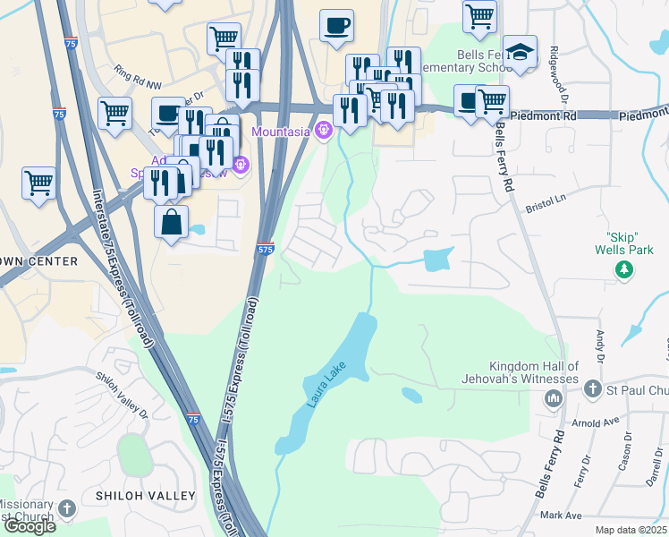 map of restaurants, bars, coffee shops, grocery stores, and more near 303 Nibblewill Place in Marietta