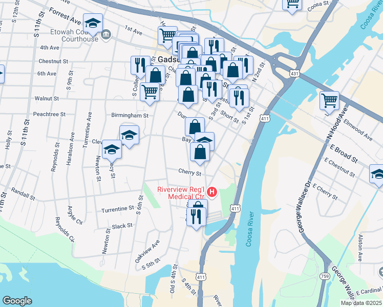 map of restaurants, bars, coffee shops, grocery stores, and more near 408 South 4th Street in Gadsden