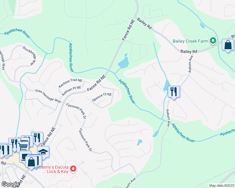 map of restaurants, bars, coffee shops, grocery stores, and more near 124 River Pass Court Northeast in Dacula