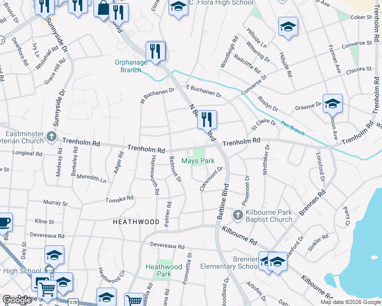 map of restaurants, bars, coffee shops, grocery stores, and more near 4000 Trenholm Road in Columbia