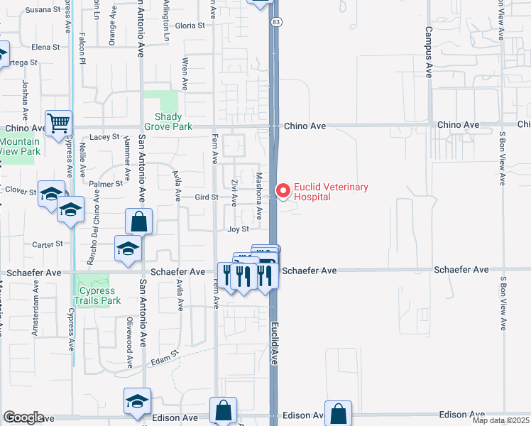 map of restaurants, bars, coffee shops, grocery stores, and more near 13543 Mashona Avenue in Chino